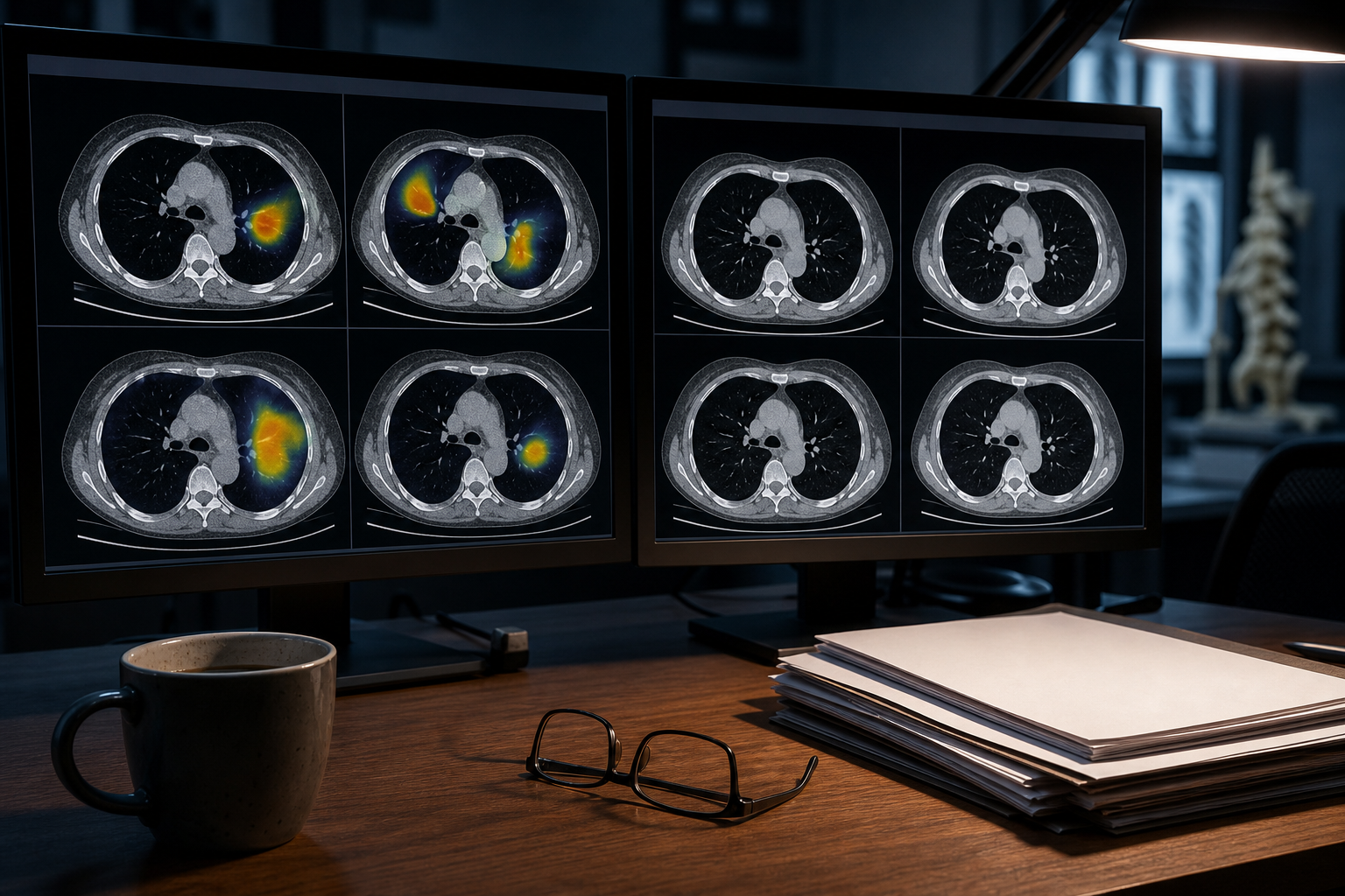 Radiologist reviewing CT scans alongside AI heatmap output on a dual-screen workstation.
