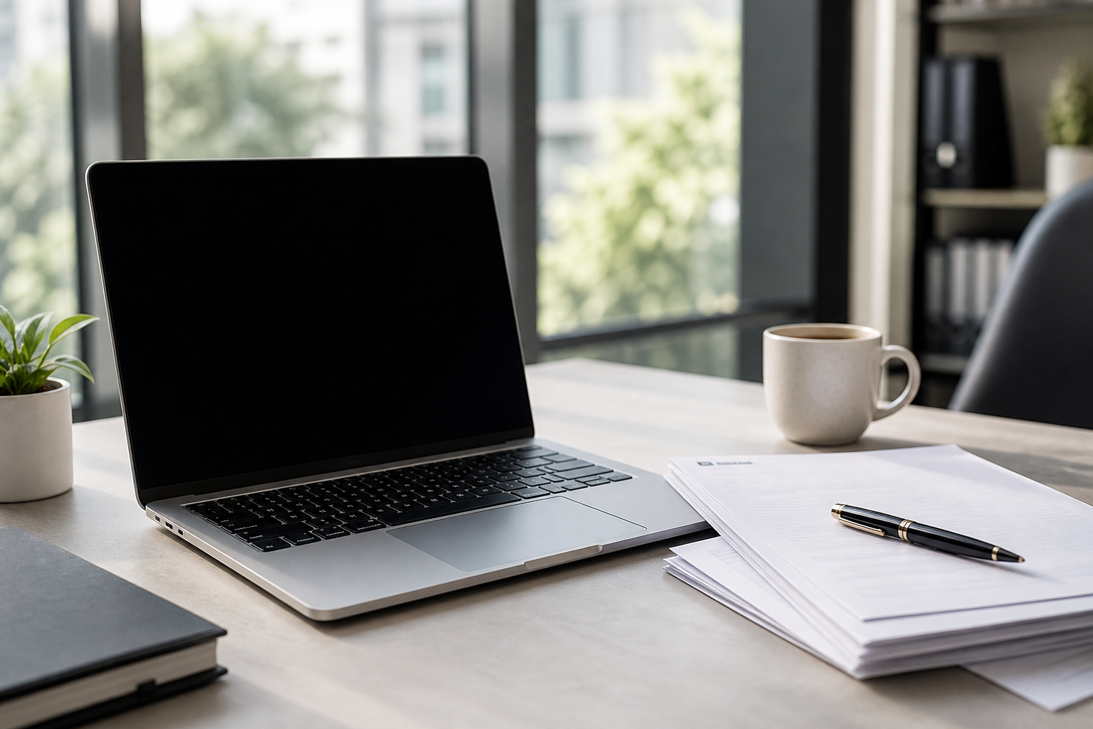 A modern office desk with a laptop showing a blank screen, surrounded by physical documents and a coffee cup, representing the blend of digital tools and human 