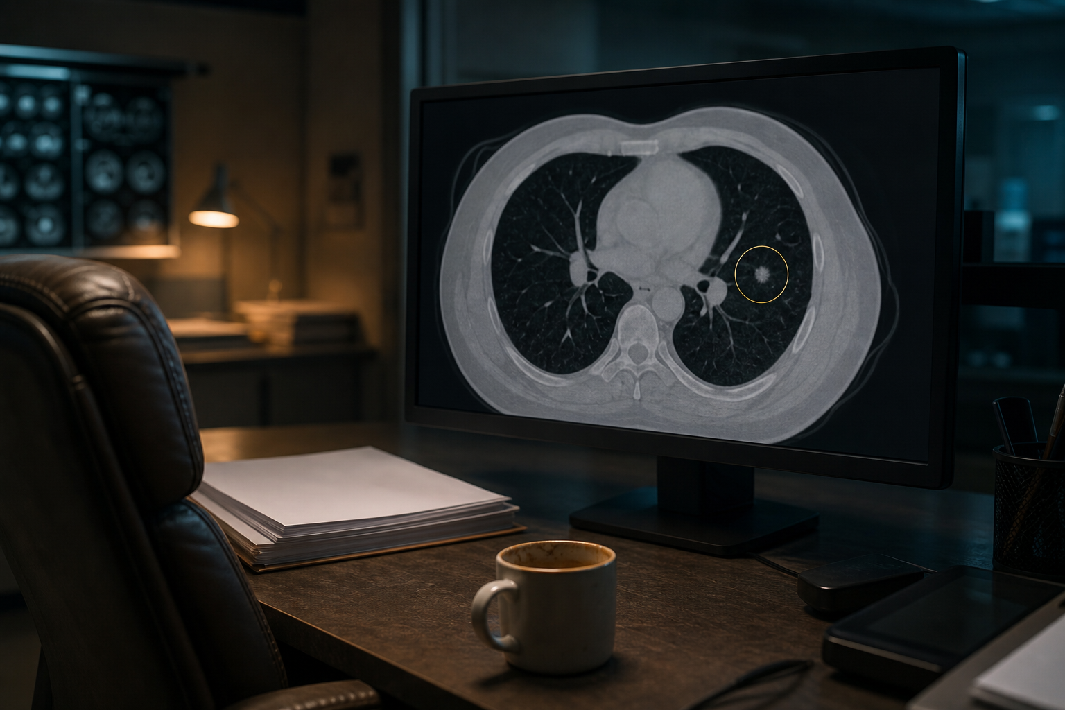 Radiology reading room with a CT scan showing AI-marked lung nodules.