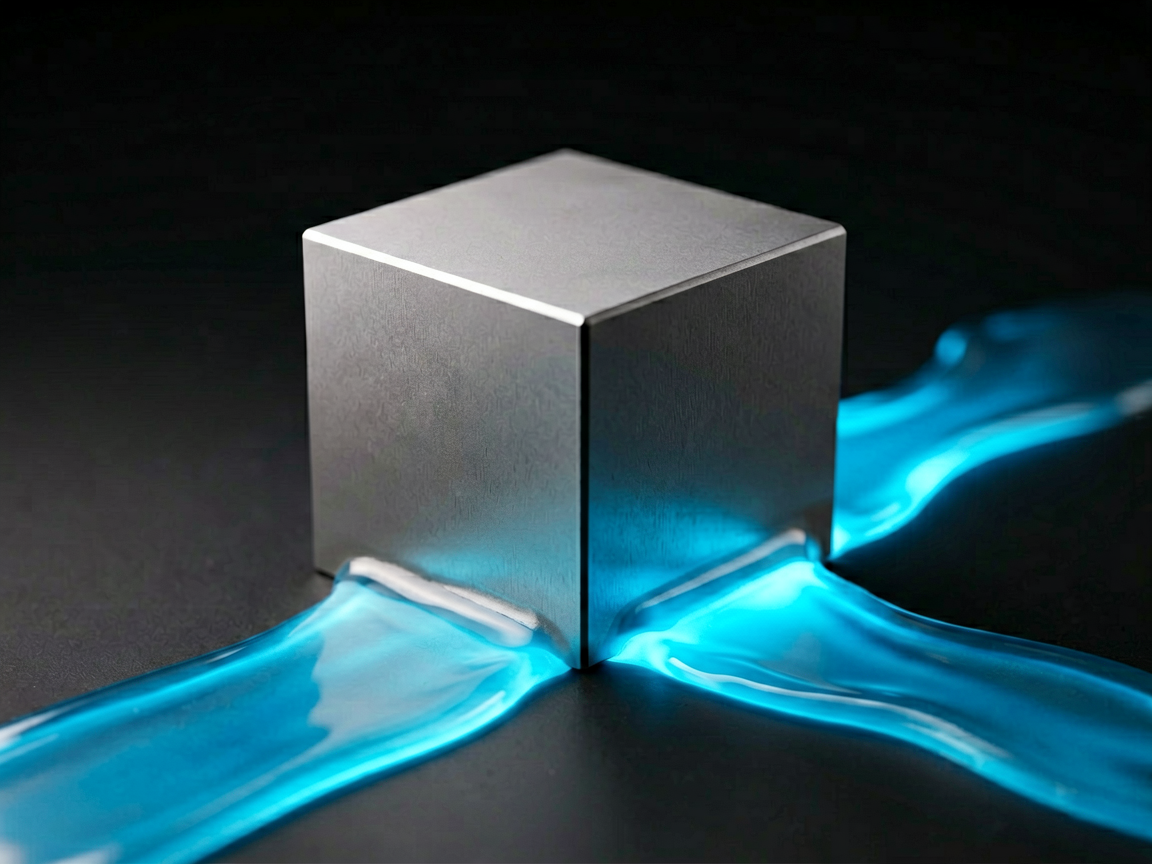 A minimalist editorial still life showing a stack of grey server racks transforming into fluid, glowing blue liquid at the base, symbolizing elastic resource al