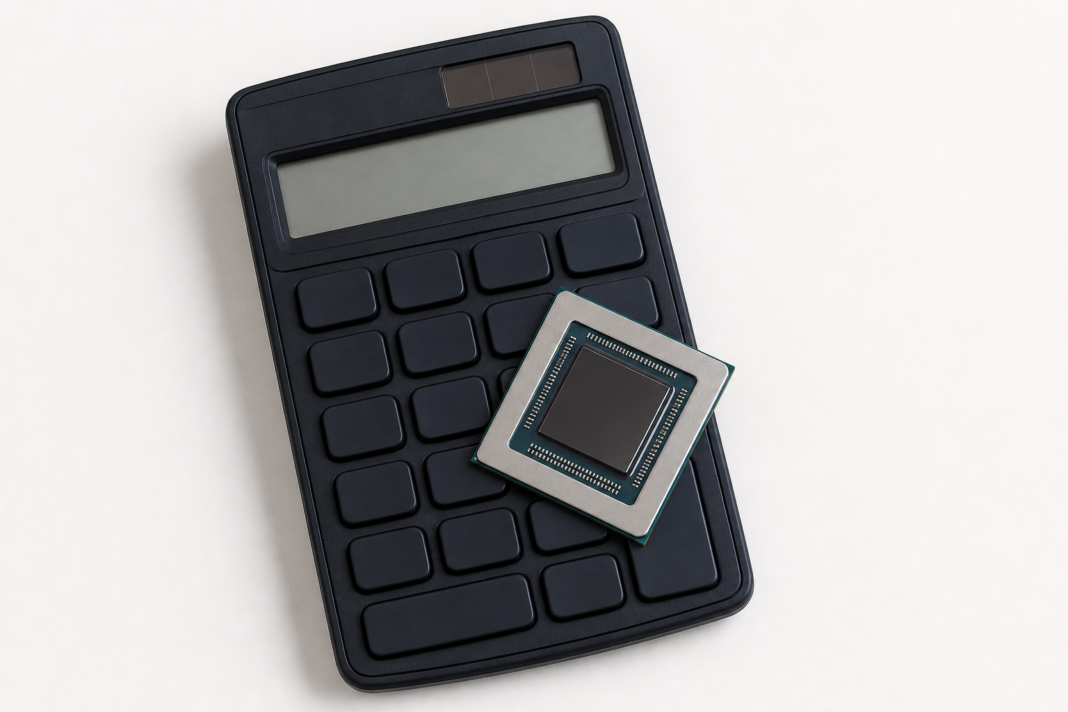 A financial calculator with a small microchip on top, symbolizing the cost calculation of AI hardware.