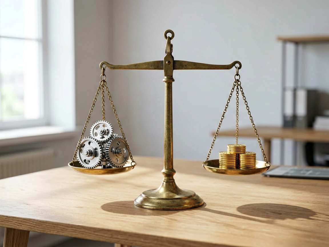 A balanced scale weighing a complex gear against simple coins on a wooden desk