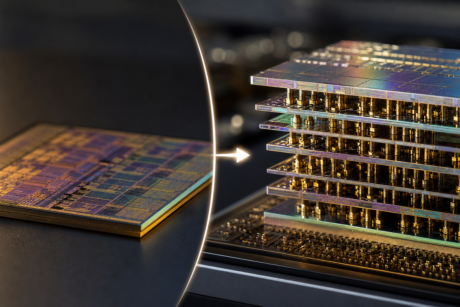 A conceptual macro shot of a 3D stacked semiconductor chip architecture.