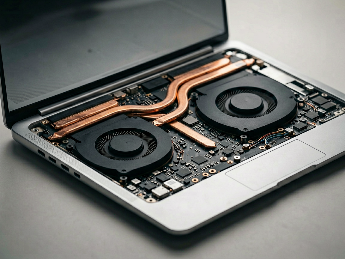 Close-up of a premium laptop's internal cooling system with copper heat pipes and a matte black fan.