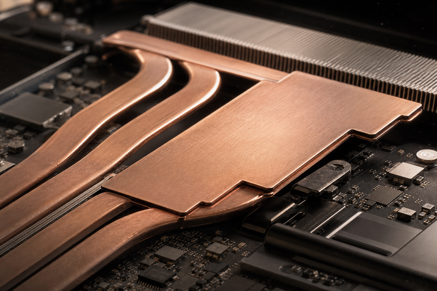 Close-up of a vapor chamber and heat pipes on a laptop motherboard with metallic textures and soft lighting.