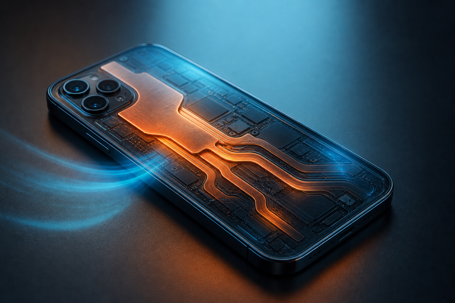 A conceptual editorial shot of a smartphone chassis with visible internal heat dissipation elements against a cool blue background.
