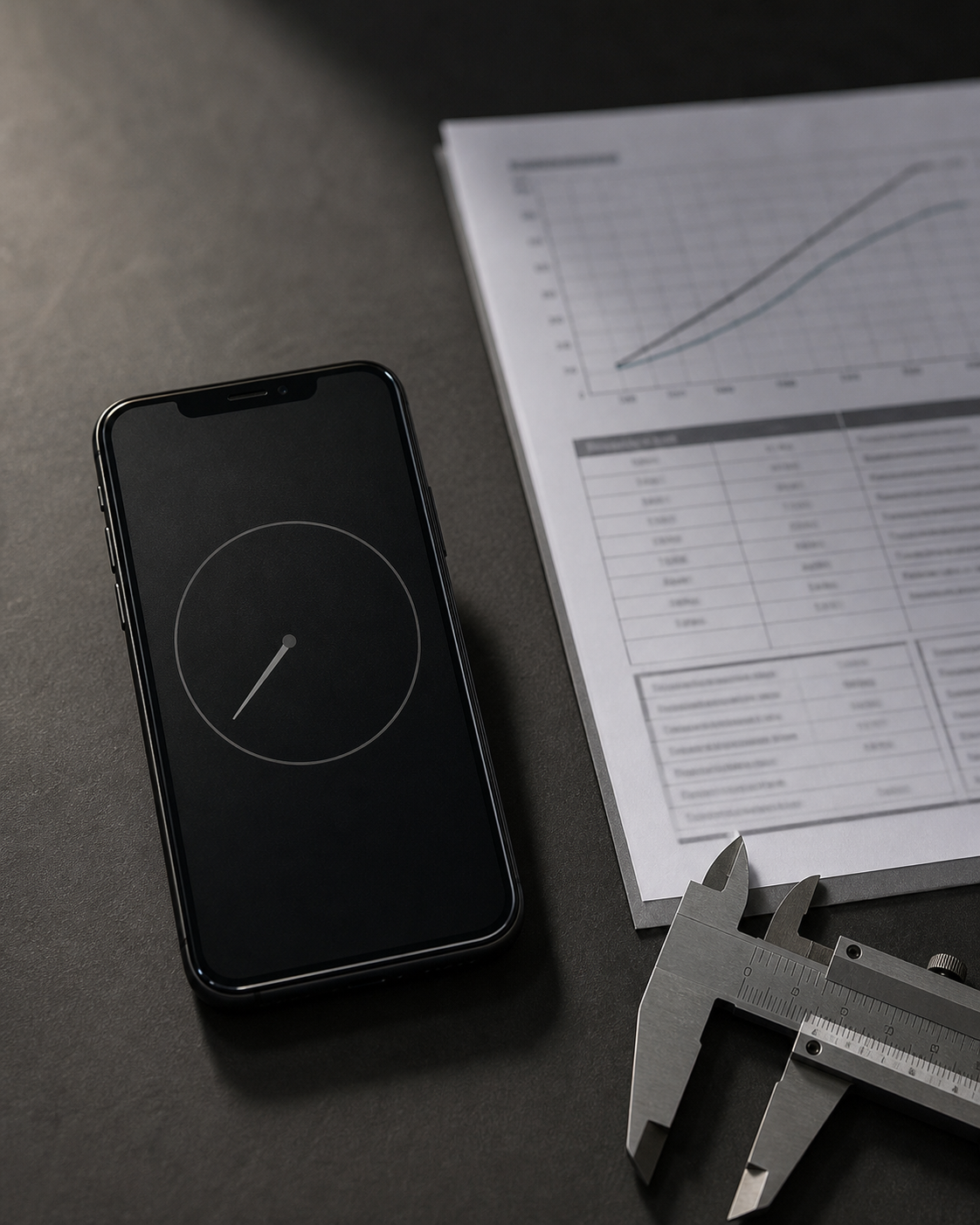 A smartphone on a desk, its screen showing a blank stopwatch face, while a blurred technical document sits beside it, symbolizing the missing latency benchmark.