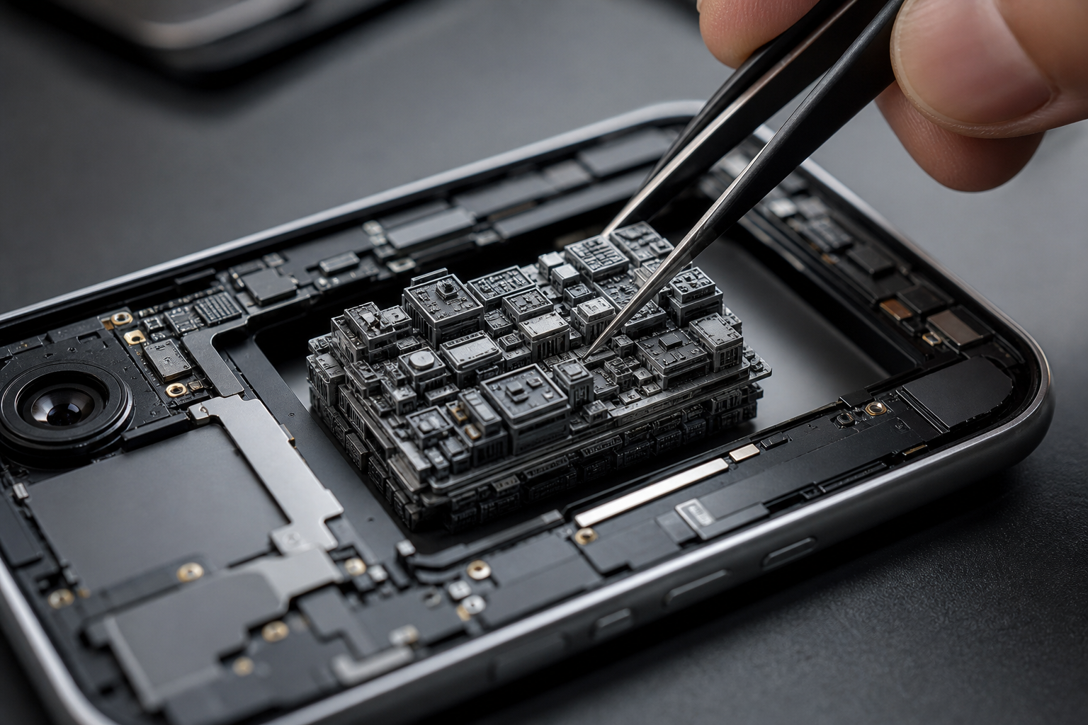 A miniature, highly detailed 3D-printed model of a complex city or circuit board is being carefully inserted into the open back of a smartphone, symbolizing the