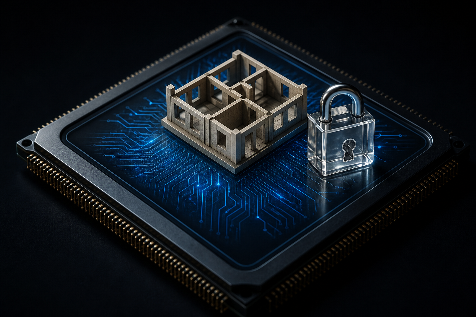 A stylized microchip with ARM's core architecture symbolically locked away.
