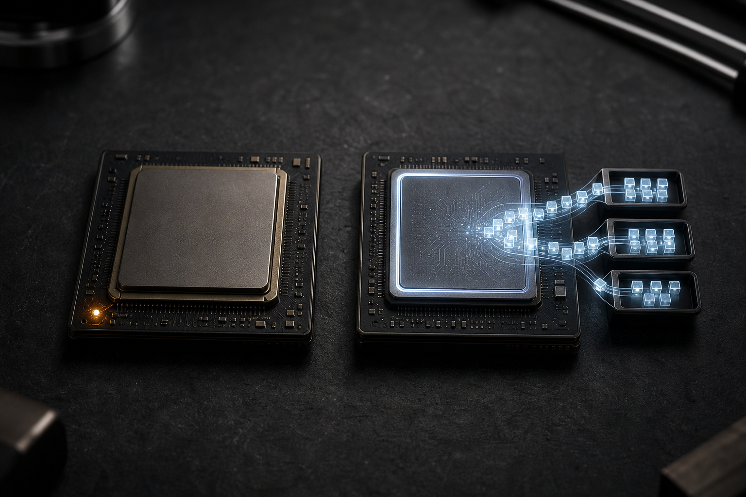 An NPU chip quietly sorting queued task tokens while the CPU chip beside it rests dim and inactive.