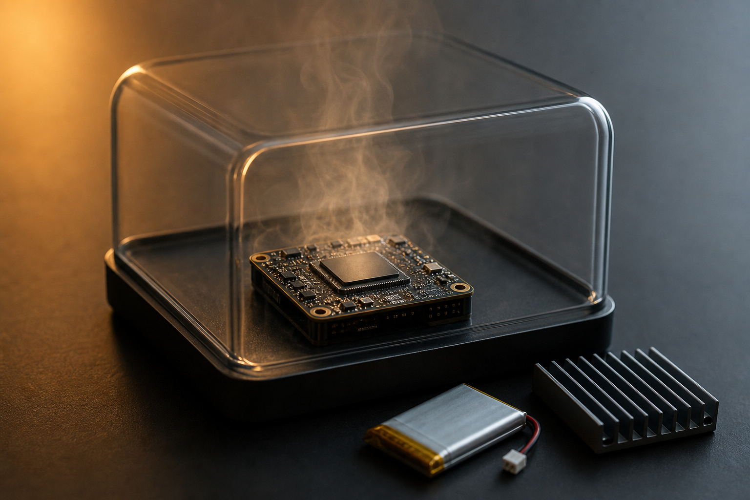 A small circuit board with a chip sits inside a glass enclosure, surrounded by soft warm light and faint heat haze, suggesting limited power and thermal budget.