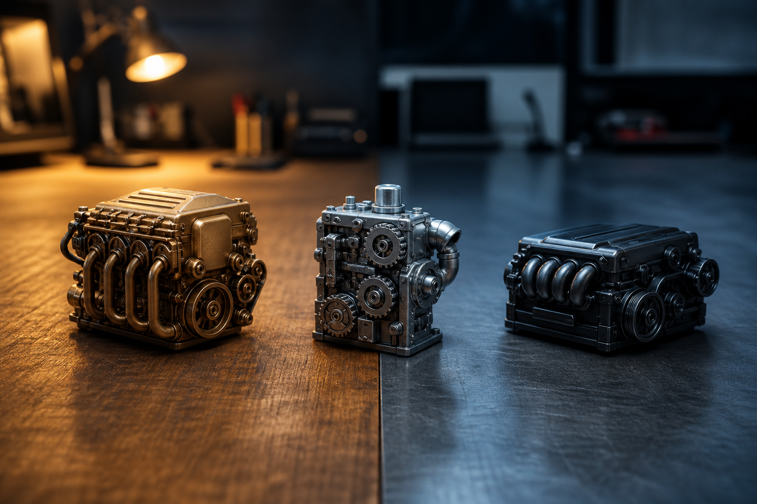 Three small model engines lined up on a workbench split between two chip platforms.