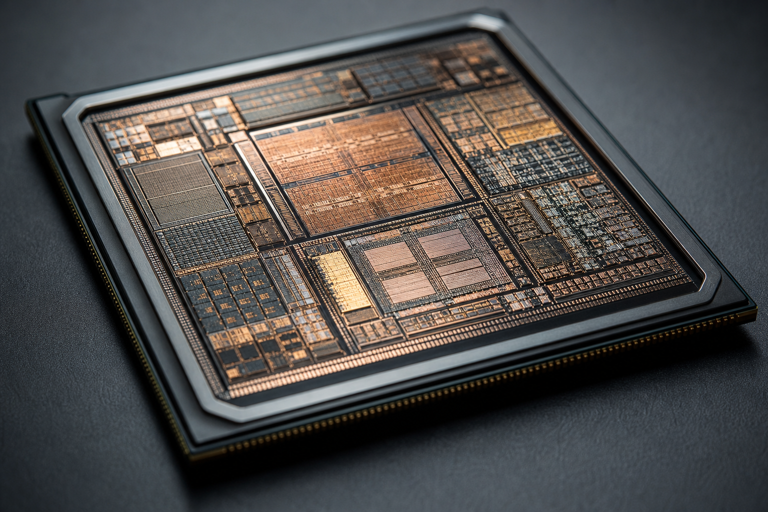 Macro photograph of an advanced multi-sector system-on-chip, symbolizing modern heterogeneous computing and system integration.