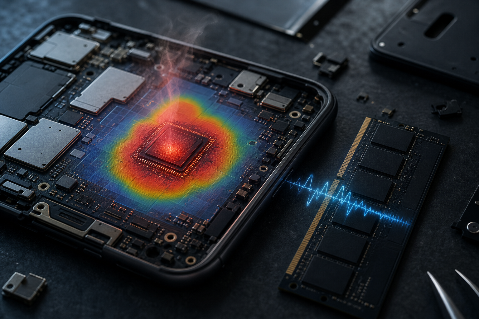 A disassembled smartphone SoC glowing red-hot beside a thermal map and a memory bandwidth chart.