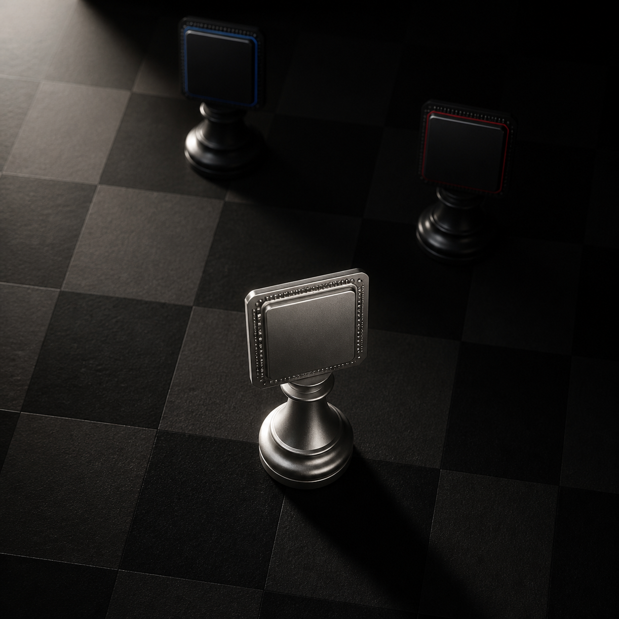 A chessboard with a single, new metallic chip piece placed aggressively forward, casting a long shadow over two established, branded chip pieces representing Qu