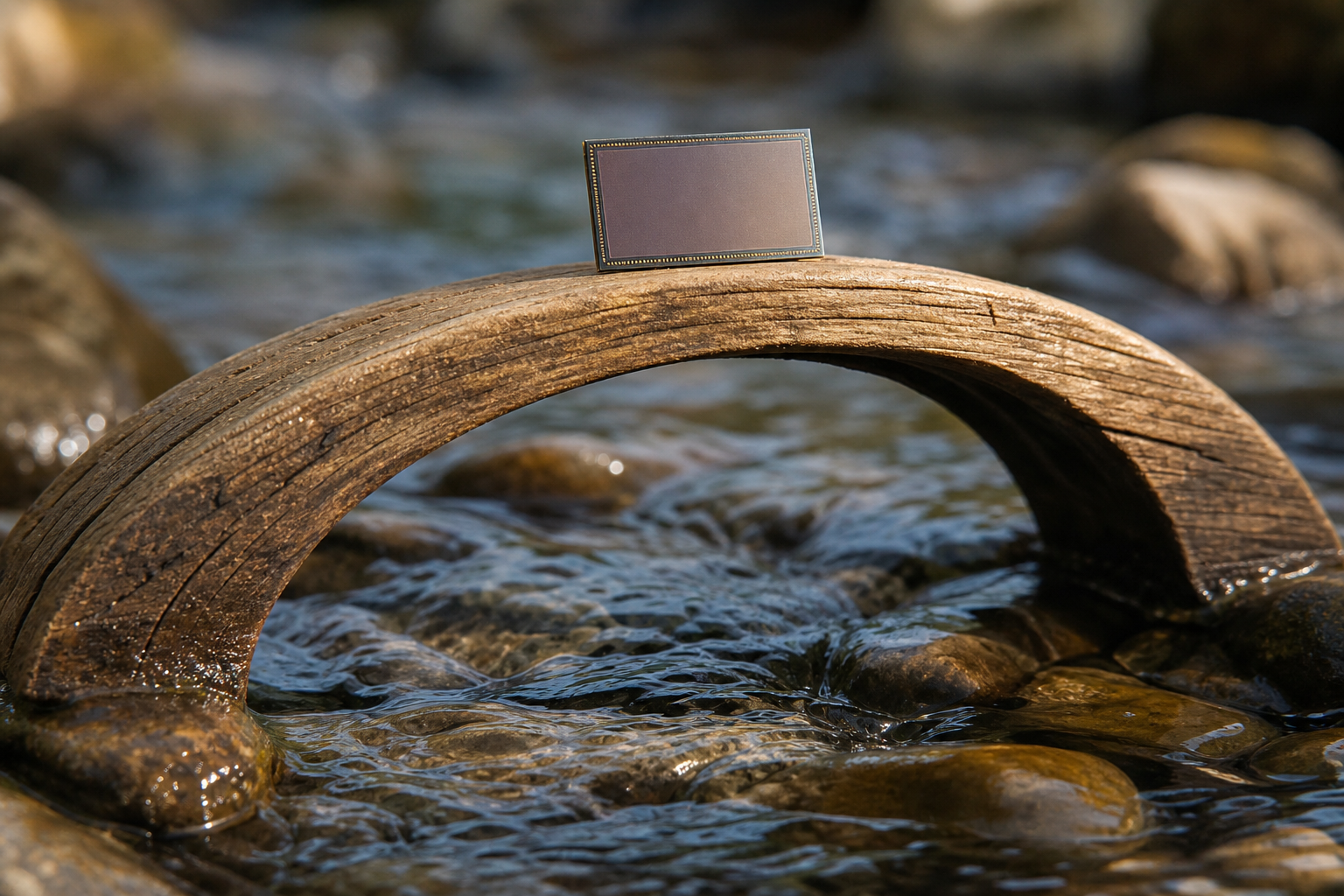 A delicate mobile phone chip die balanced on a wooden arch bridge over a flowing stream, symbolizing memory bandwidth and sustained workload.
