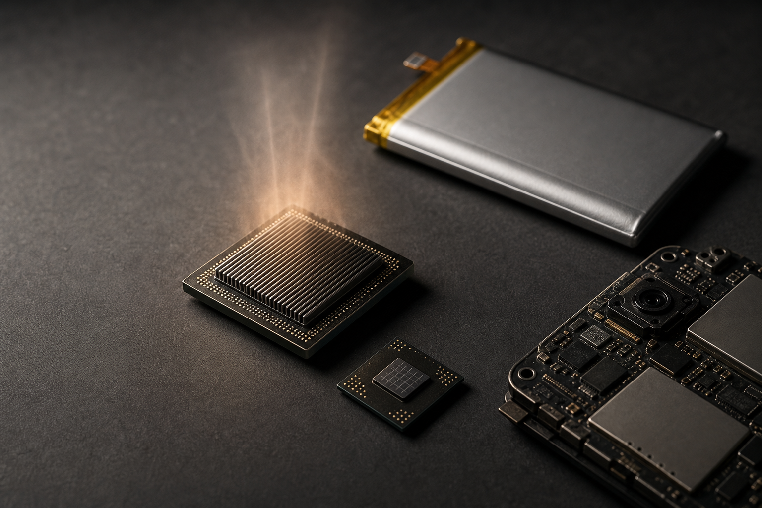Editorial still life of a small smartphone chip on a circuit board next to a compact lithium cell, suggesting on-device AI under tight power and memory limits.