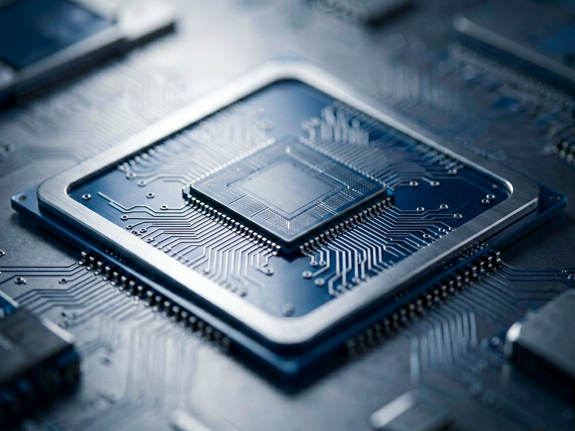 A macro shot of a futuristic, energy-efficient semiconductor chip architecture.