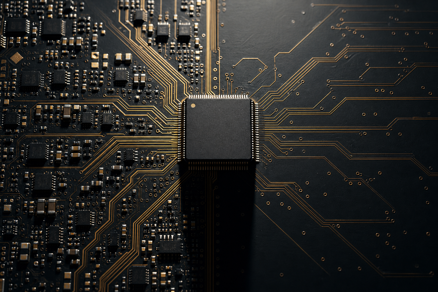 A single, pristine ARM-designed chip casting a sharp shadow that splits a circuit board into two diverging paths, symbolizing the architectural fork.