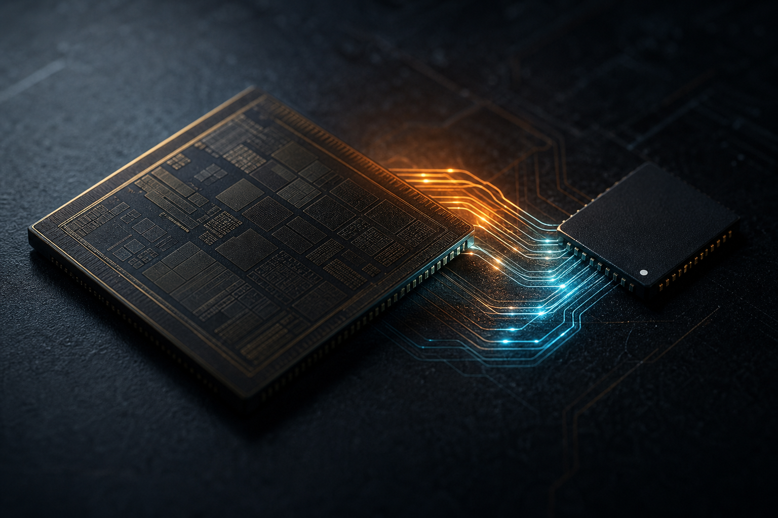 Editorial still life of a smartphone chip die with memory pathways highlighted.