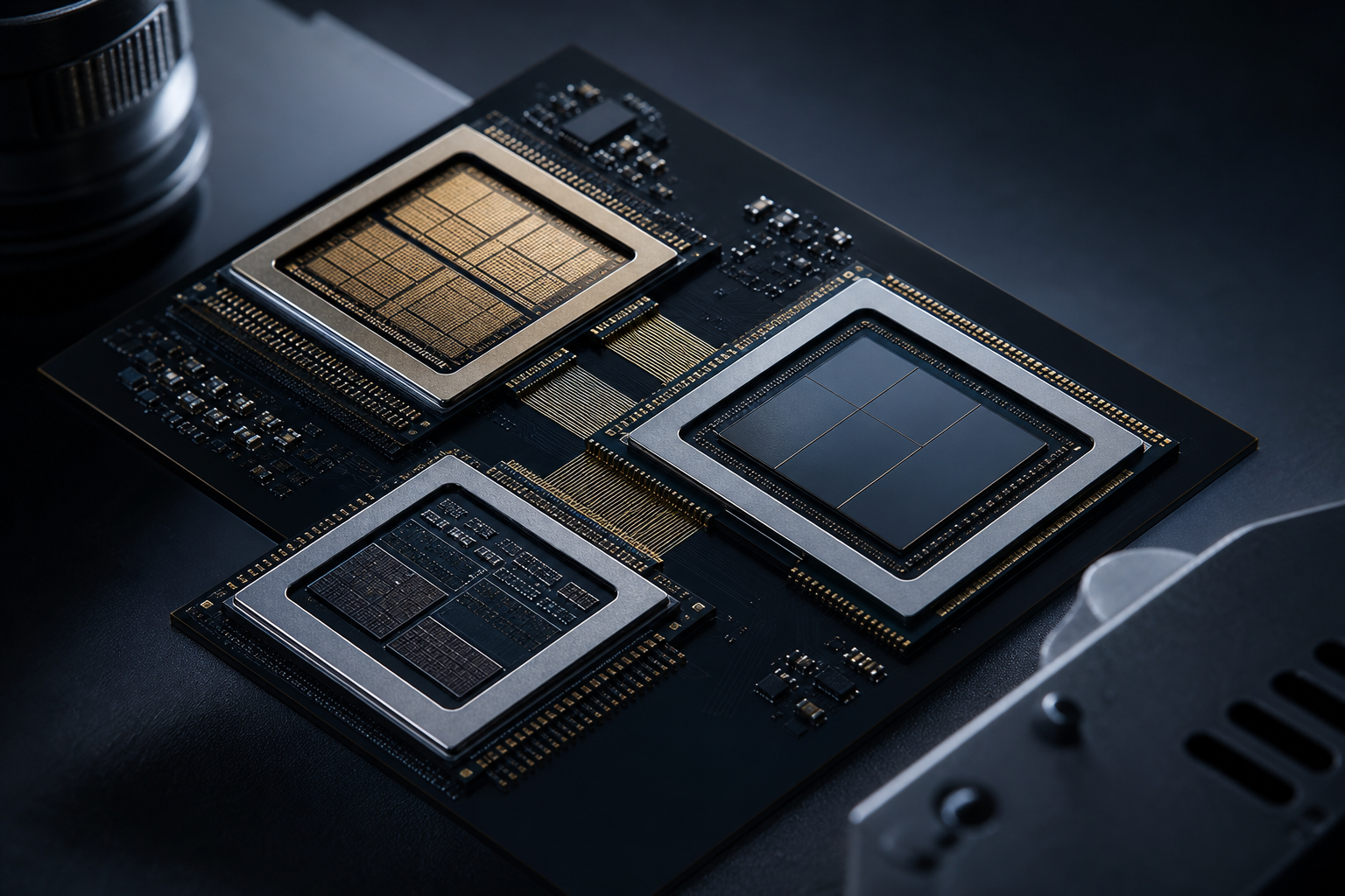 Conceptual close-up of modular silicon components arranged in an integrated circuit pattern