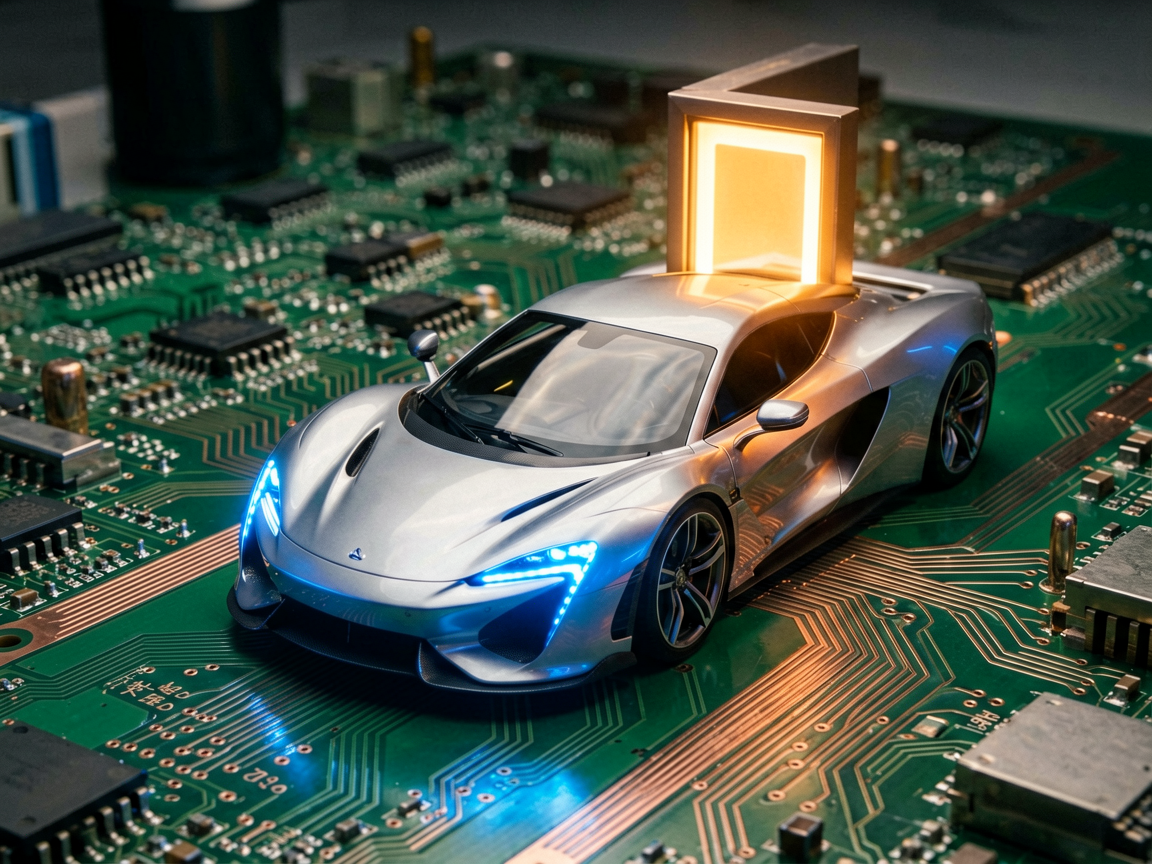 Editorial concept image of a powerful sports car stuck at a narrow toll gate on a circuit board, illustrating memory bandwidth as the real bottleneck in on-devi