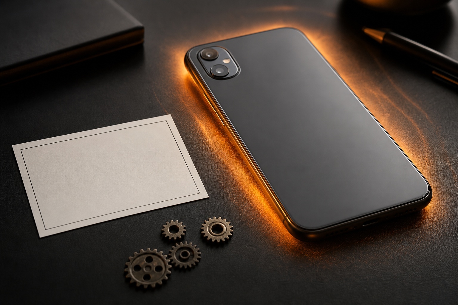 Modern smartphone resting on a warm surface with a subtle thermal aura, surrounded by conceptual energy-flow objects.