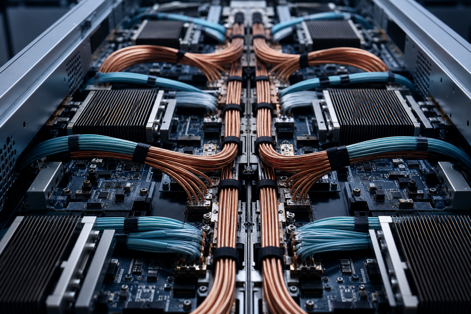A high-tech server rack interior showing dense cabling and cooling systems representing cluster infrastructure
