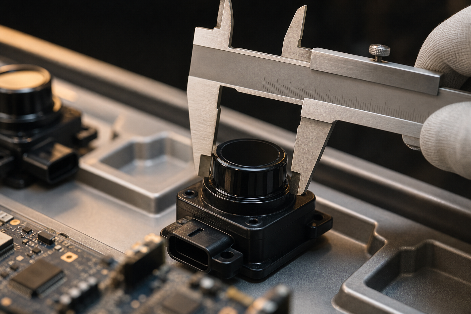A precision caliper measuring a glossy black autonomous-driving sensor module on a conveyor belt, suggesting performance benchmarks under real conditions.