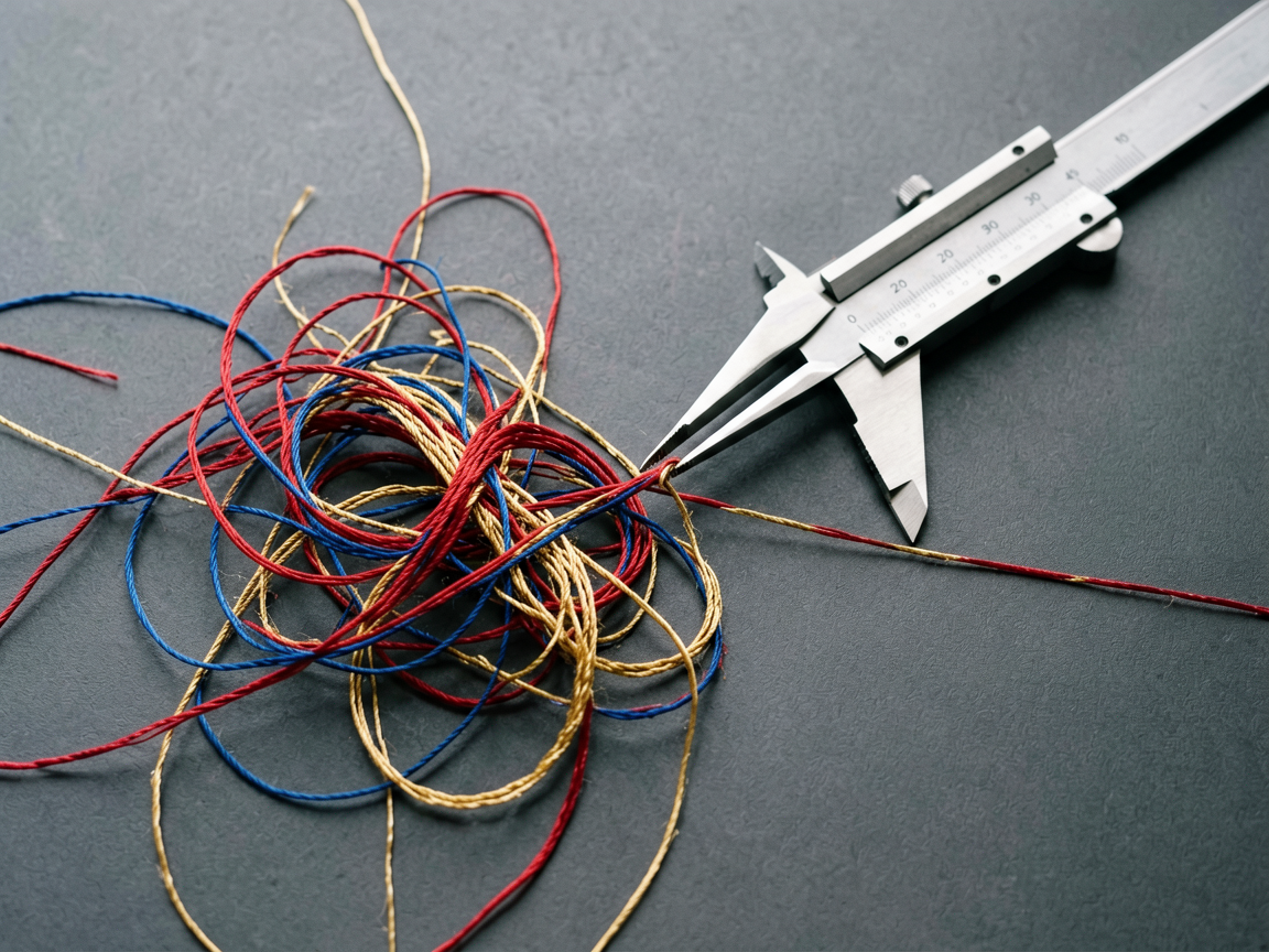 A conceptual editorial image showing a complex, tangled knot of colorful threads being systematically untied by a precise, geometric tool, symbolizing the resol