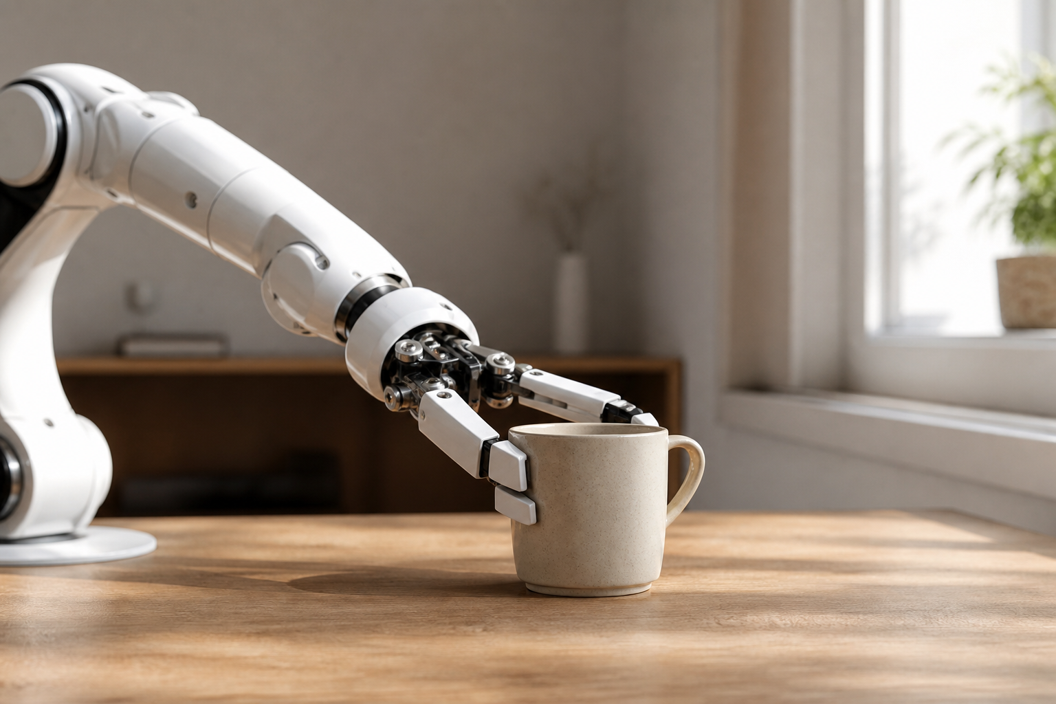 A robotic arm interacting with everyday objects in a realistic indoor setting