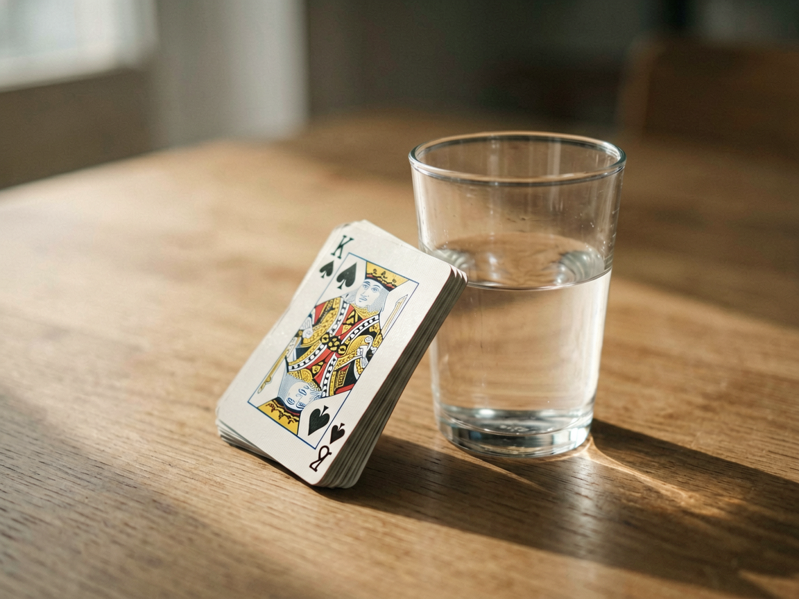 A stack of playing cards leaning against a glass of water on a wooden table, warm editorial lighting