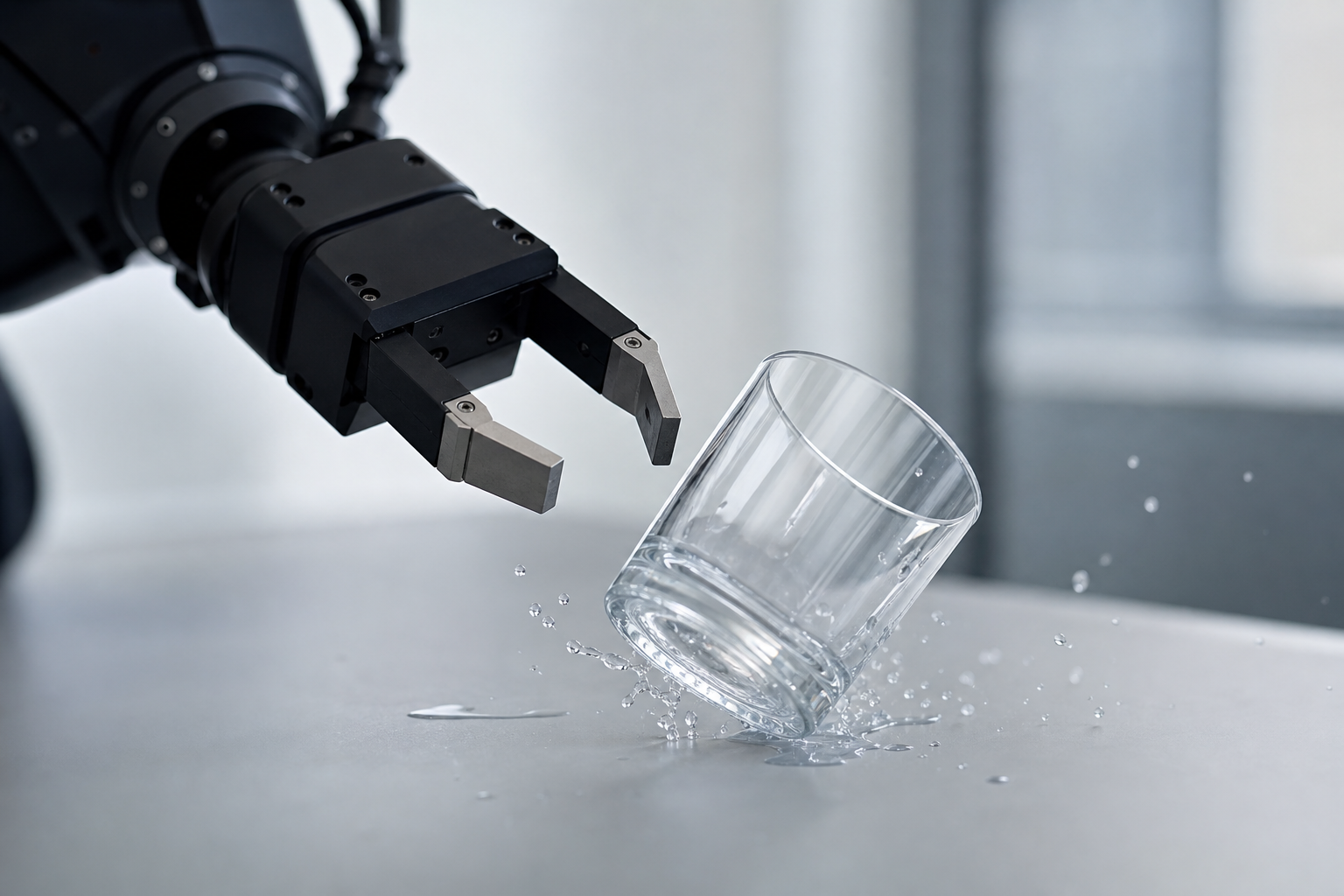 A robotic gripper slipping off a transparent glass cup on a table, with water splashing, in a lab setting.