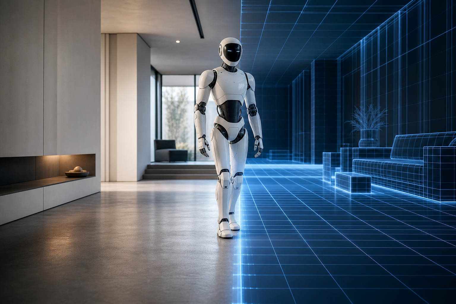 A humanoid robot standing in a space where a digital wireframe grid merges with a realistic physical room.