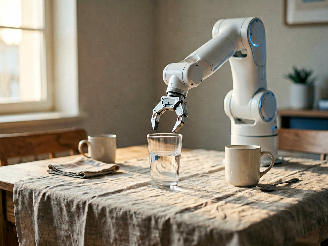 A robot hand pauses before pushing a glass on a draped table, visualizing prediction before action.