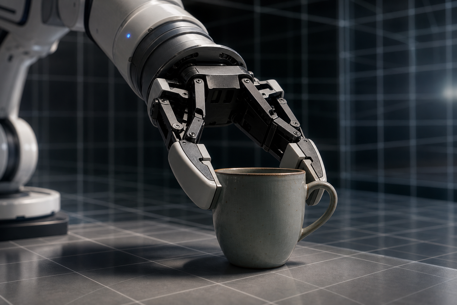 Robotic arm in high-fidelity physics simulation about to grasp a ceramic cup.
