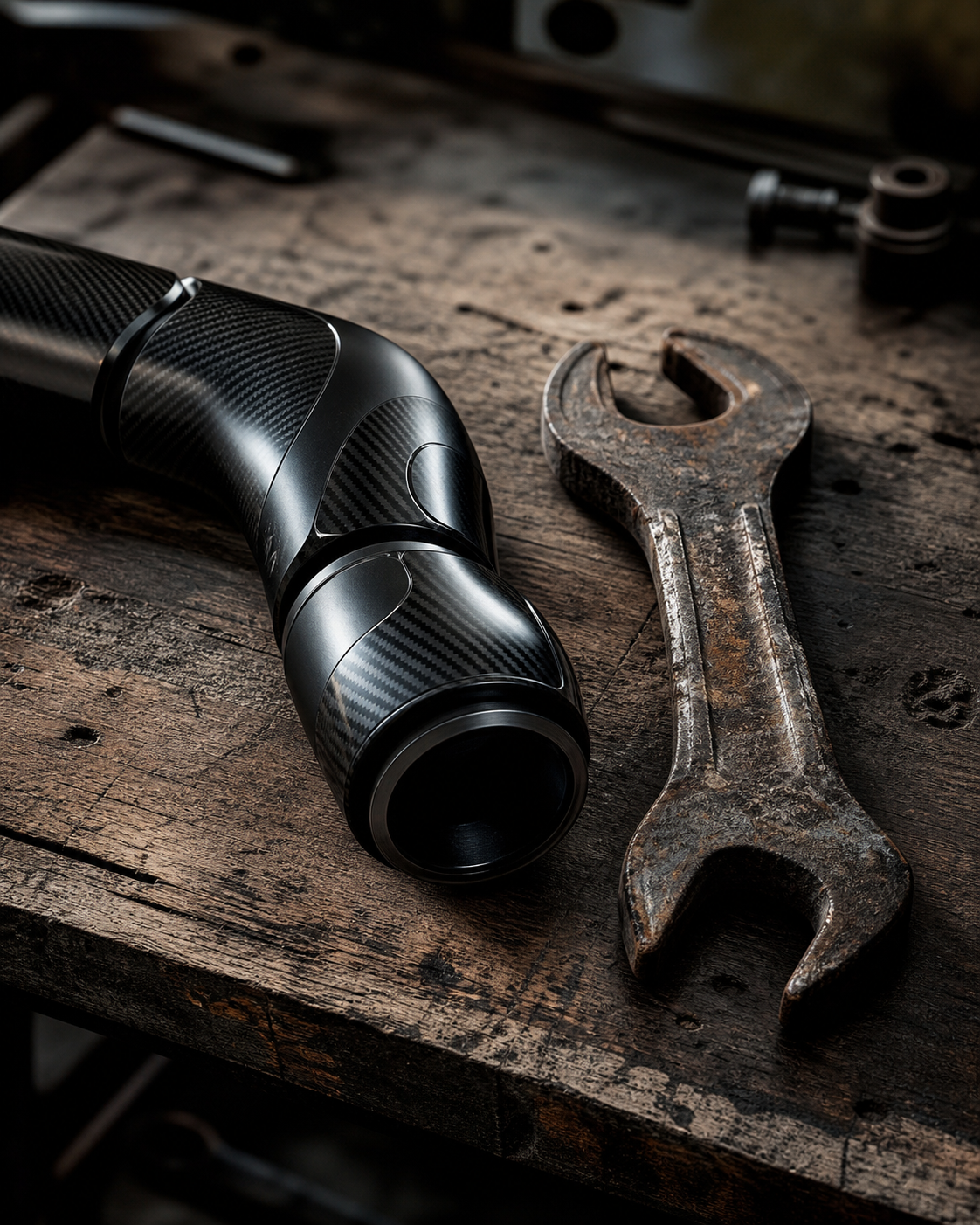 A close-up editorial shot of a sleek, dark robotic arm joint resting next to a weathered, rusty wrench on a dusty industrial workbench, symbolizing the disconne
