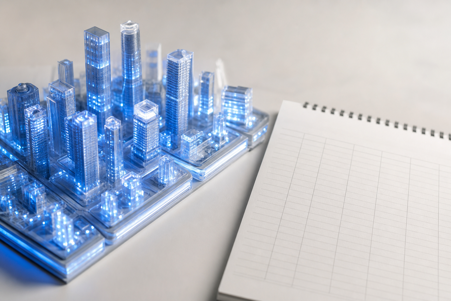 A glowing city model beside an empty ledger.