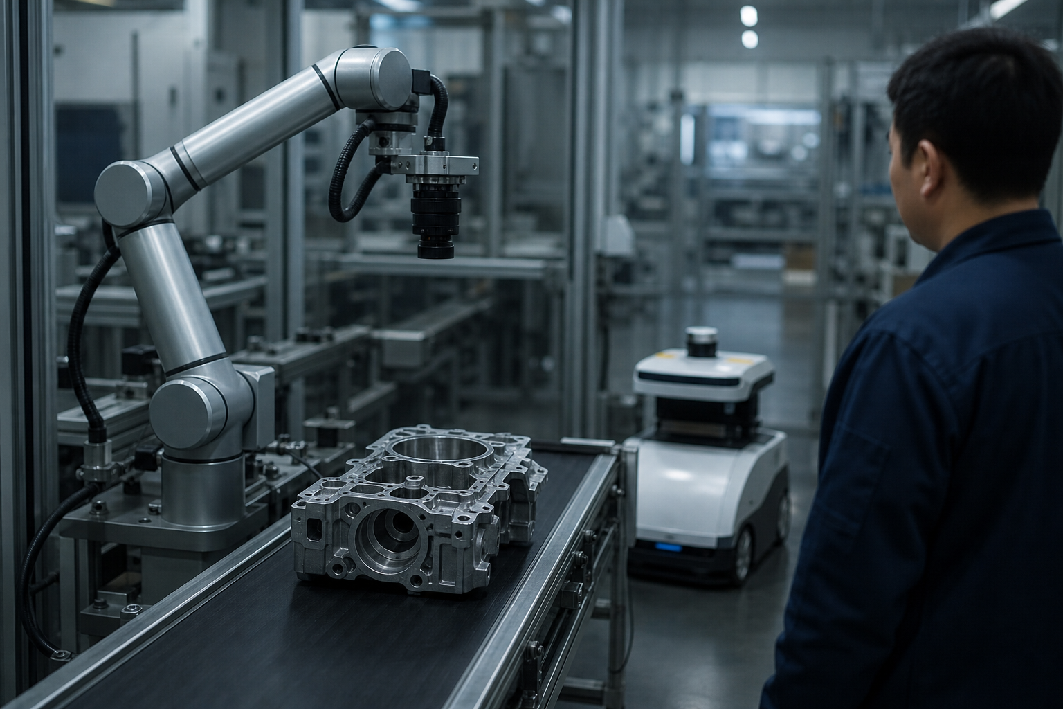 A factory inspection cell where a robotic arm examines an automotive part on a conveyor under cool industrial lighting.