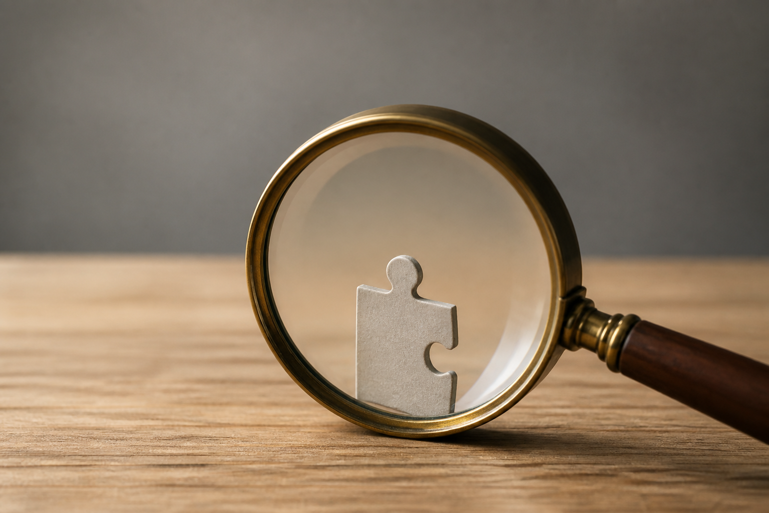 A magnifying glass inspecting a fragmented puzzle piece on a desk