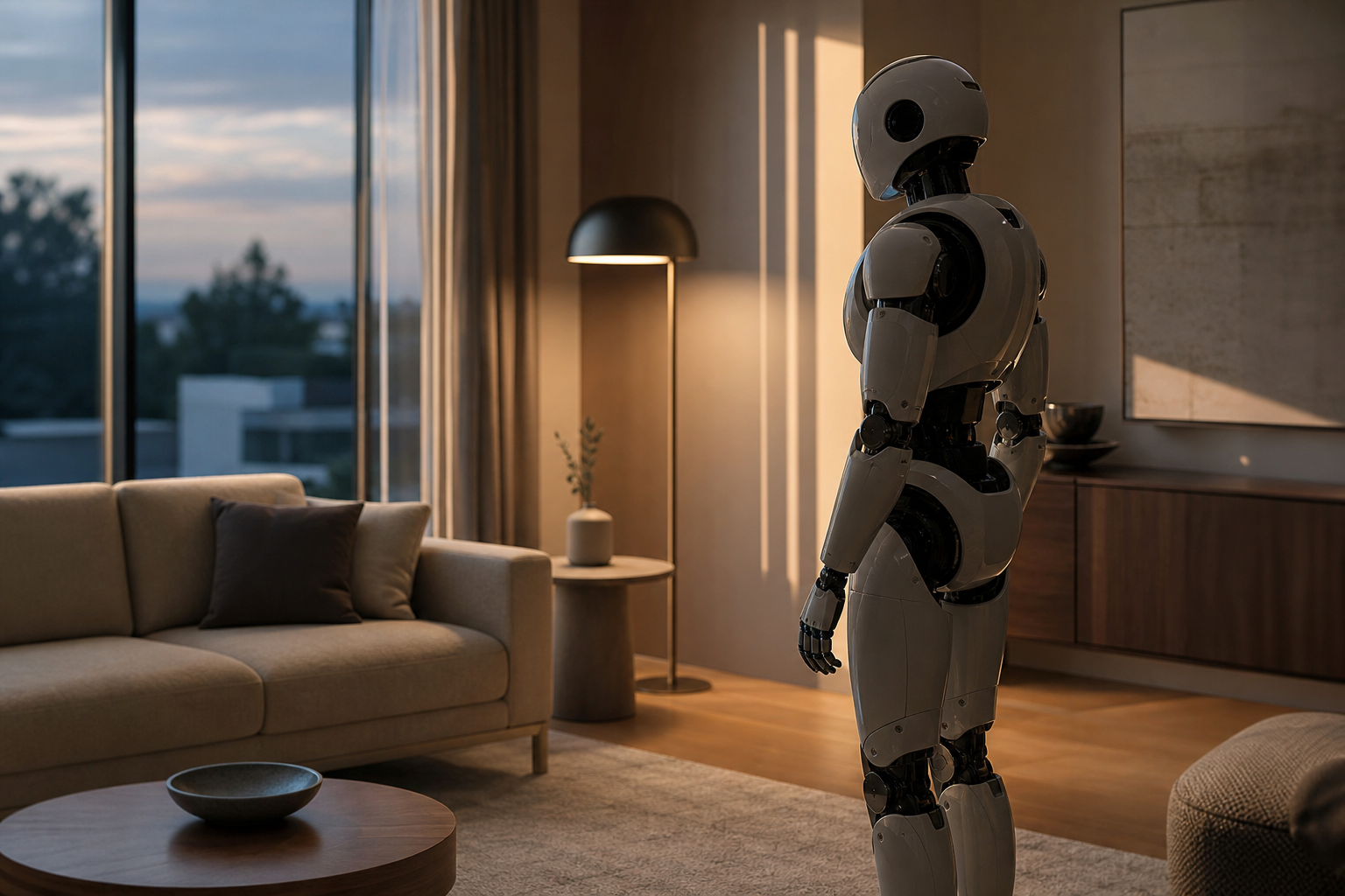 A humanoid robot standing in a softly lit modern living room, observing the arrangement of furniture.