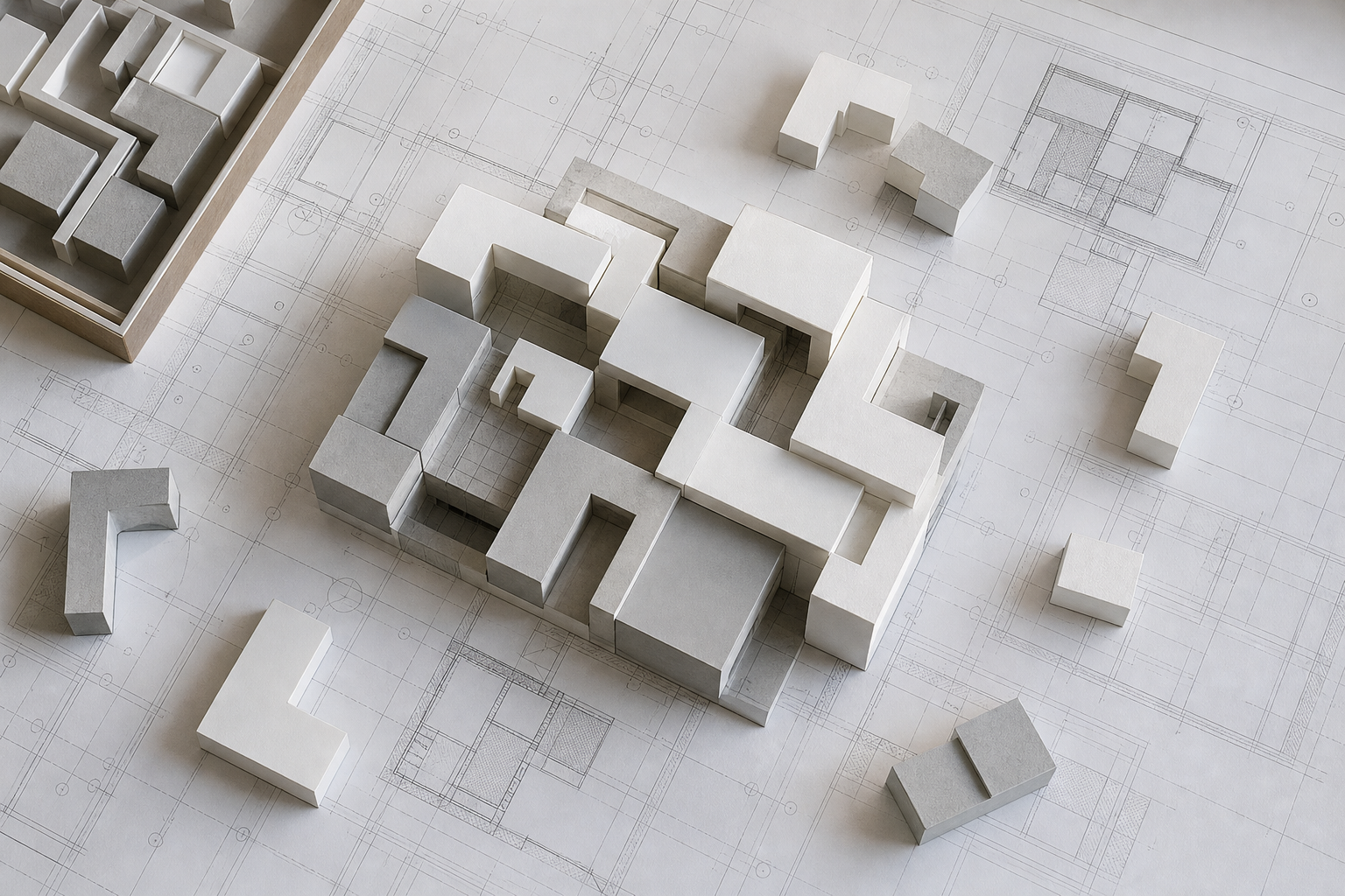 A conceptual editorial image showing modular geometric blocks assembling into a cohesive structure on a technical blueprint background, symbolizing the engineer