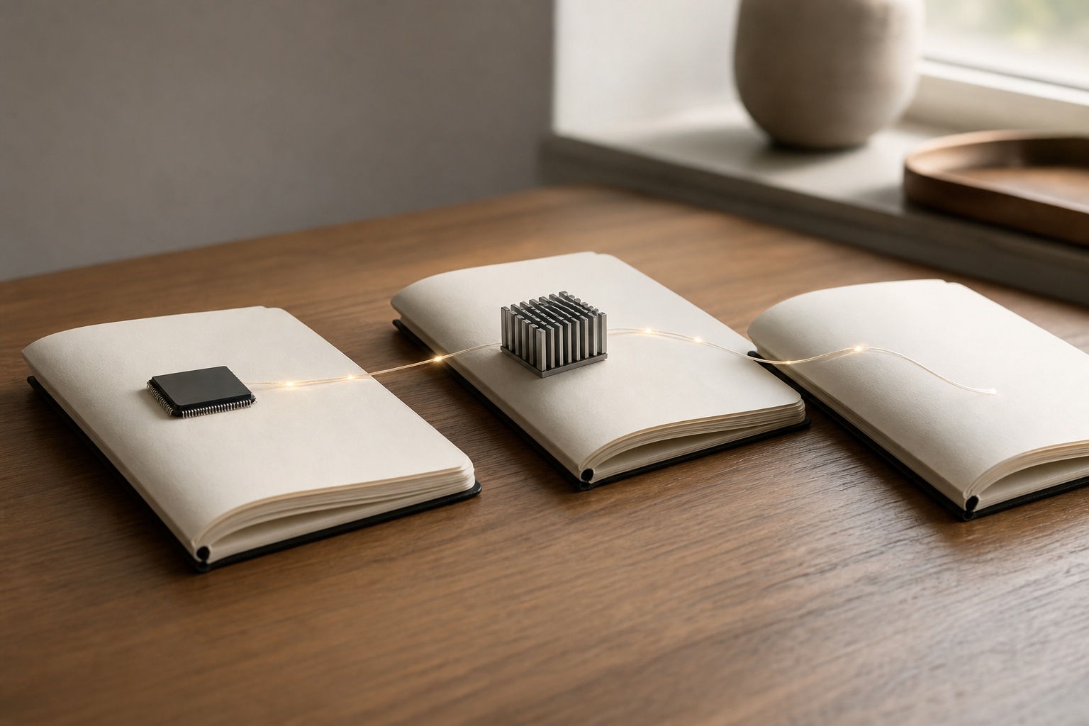 Three open notebooks on a desk with a chip model and heat sink, connected by a thin glowing thread across the pages