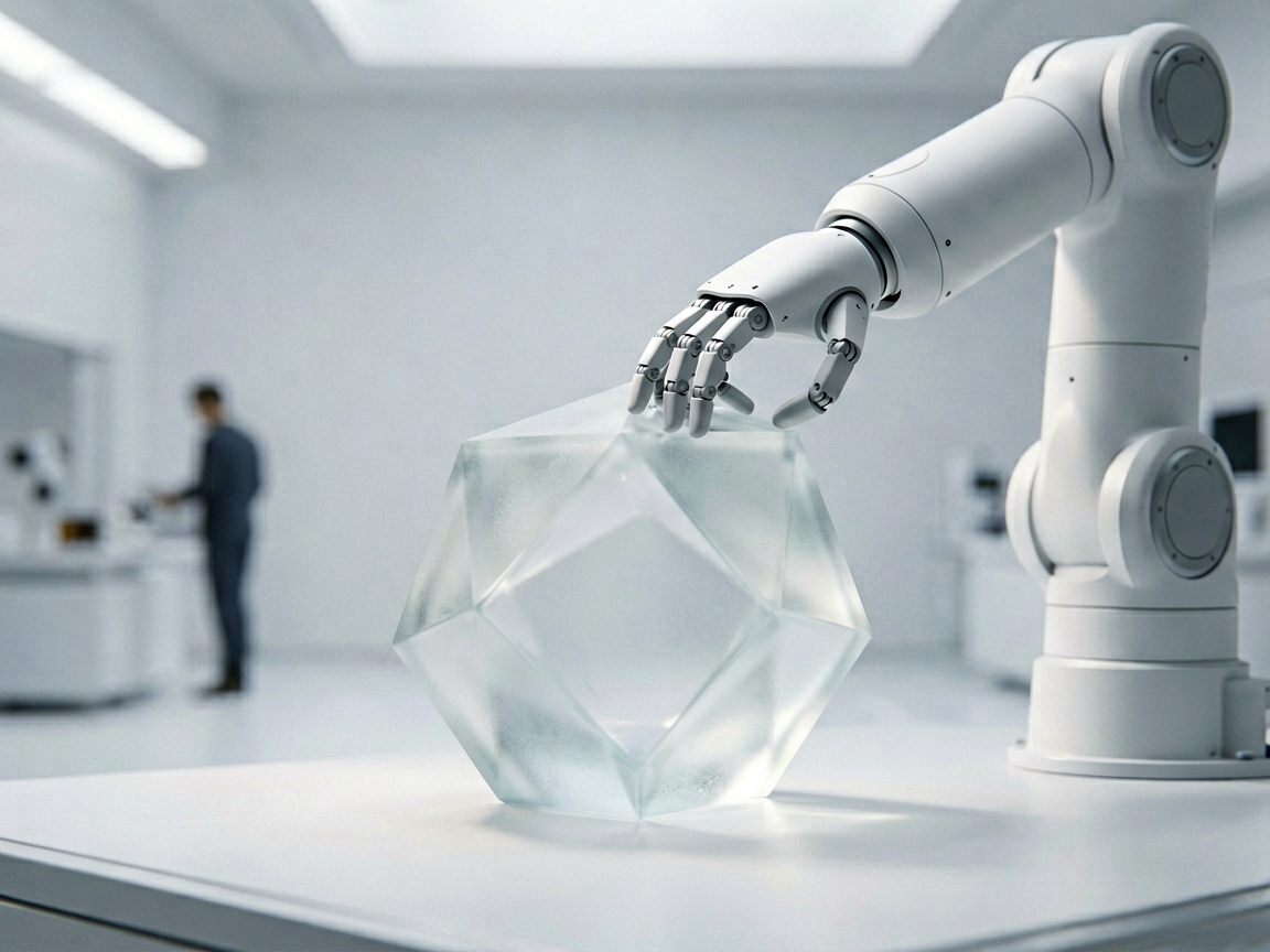 A sleek robotic arm interacting with a complex translucent geometric sculpture in a minimalist lab.