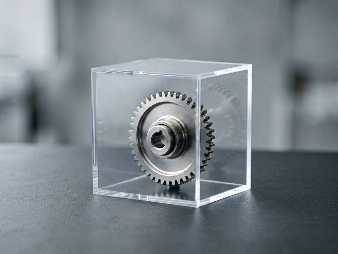 A conceptual editorial image showing a sleek, isolated mechanical component inside a transparent protective casing on a clean desk