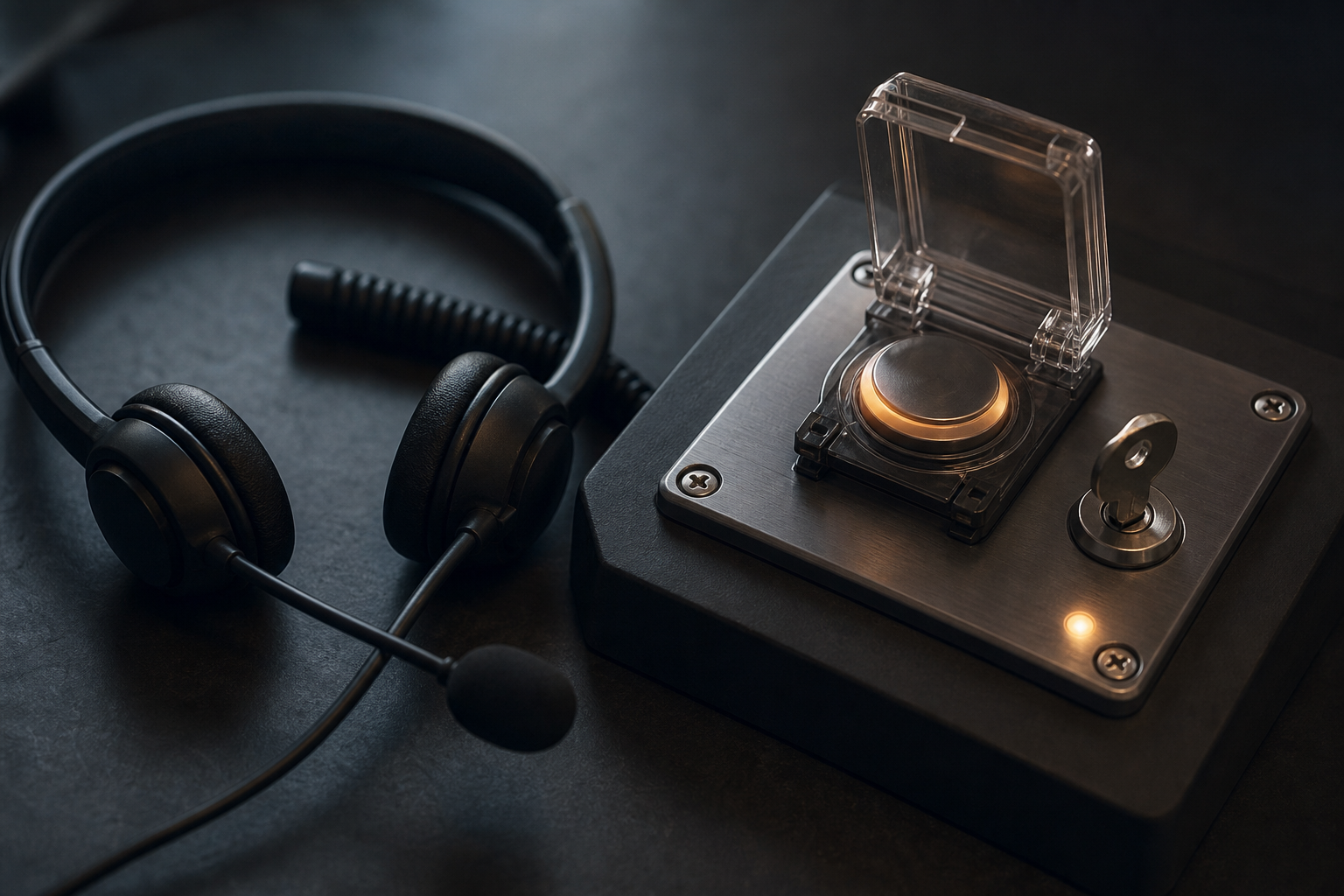 A customer-service headset beside a locked refund button on a control panel.