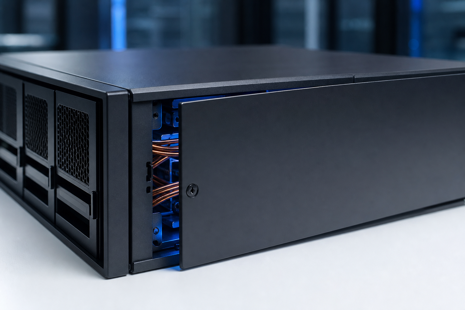 A sleek, modern server rack with one drawer slightly ajar revealing complex internal wiring, symbolizing a security breach