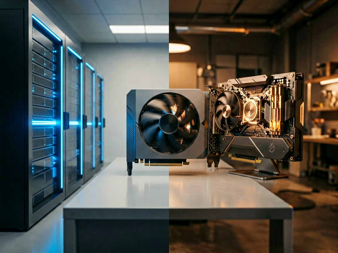 A split composition showing a compact efficient workflow node versus a complex cinematic rendering setup on a high-end graphics card.