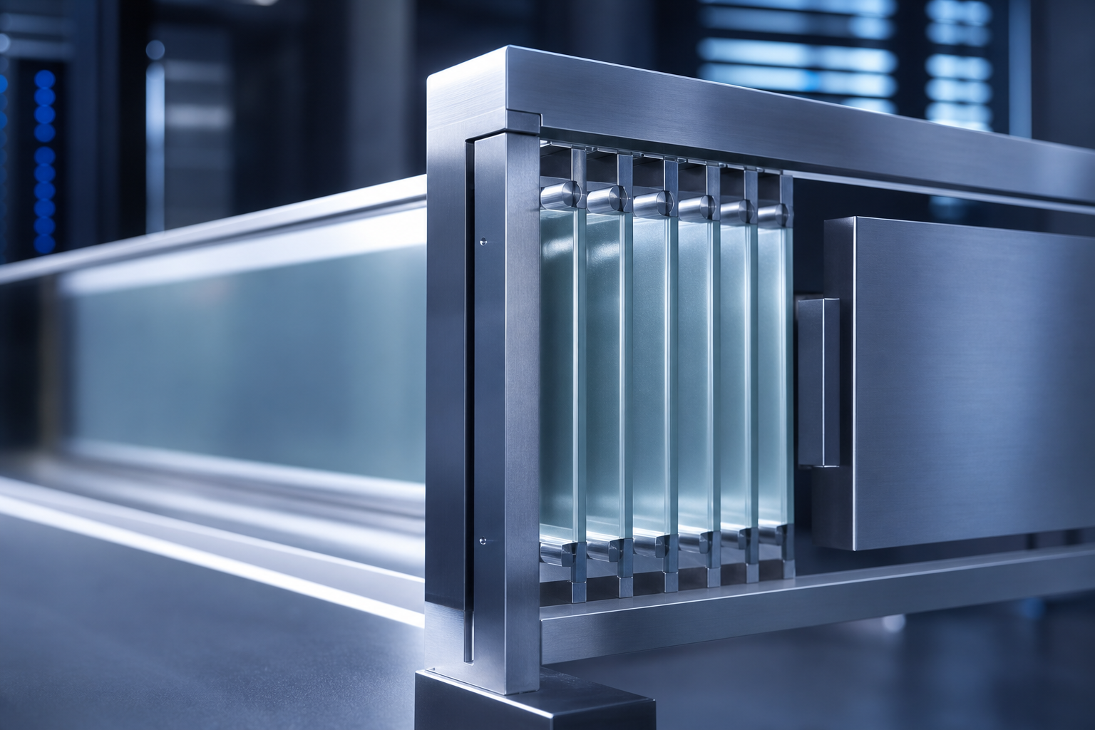 A sleek mechanical gate mechanism filtering fast-moving digital streams, symbolizing code review and quality control.