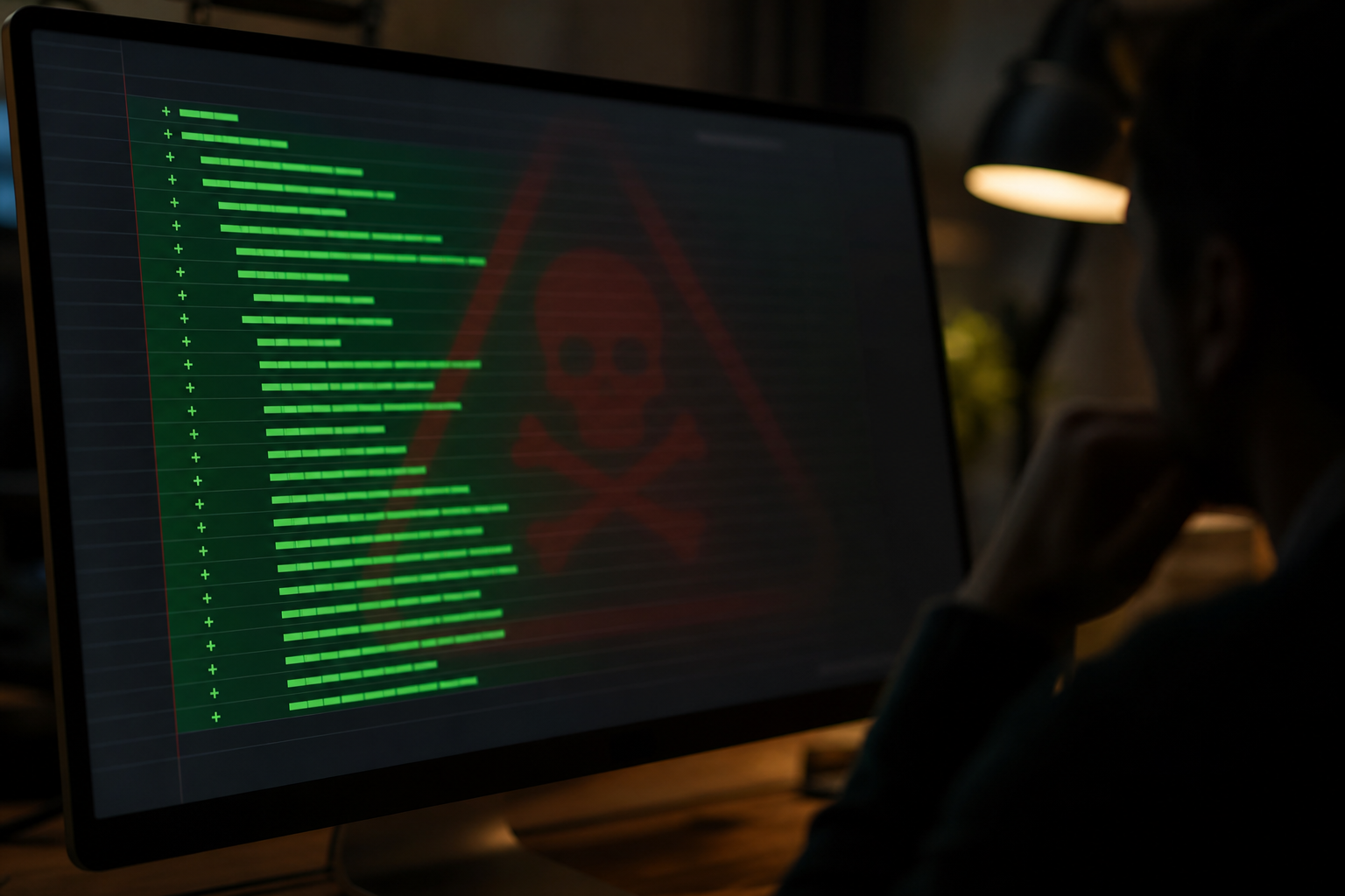 A clean code diff on a screen with a hidden trap symbol